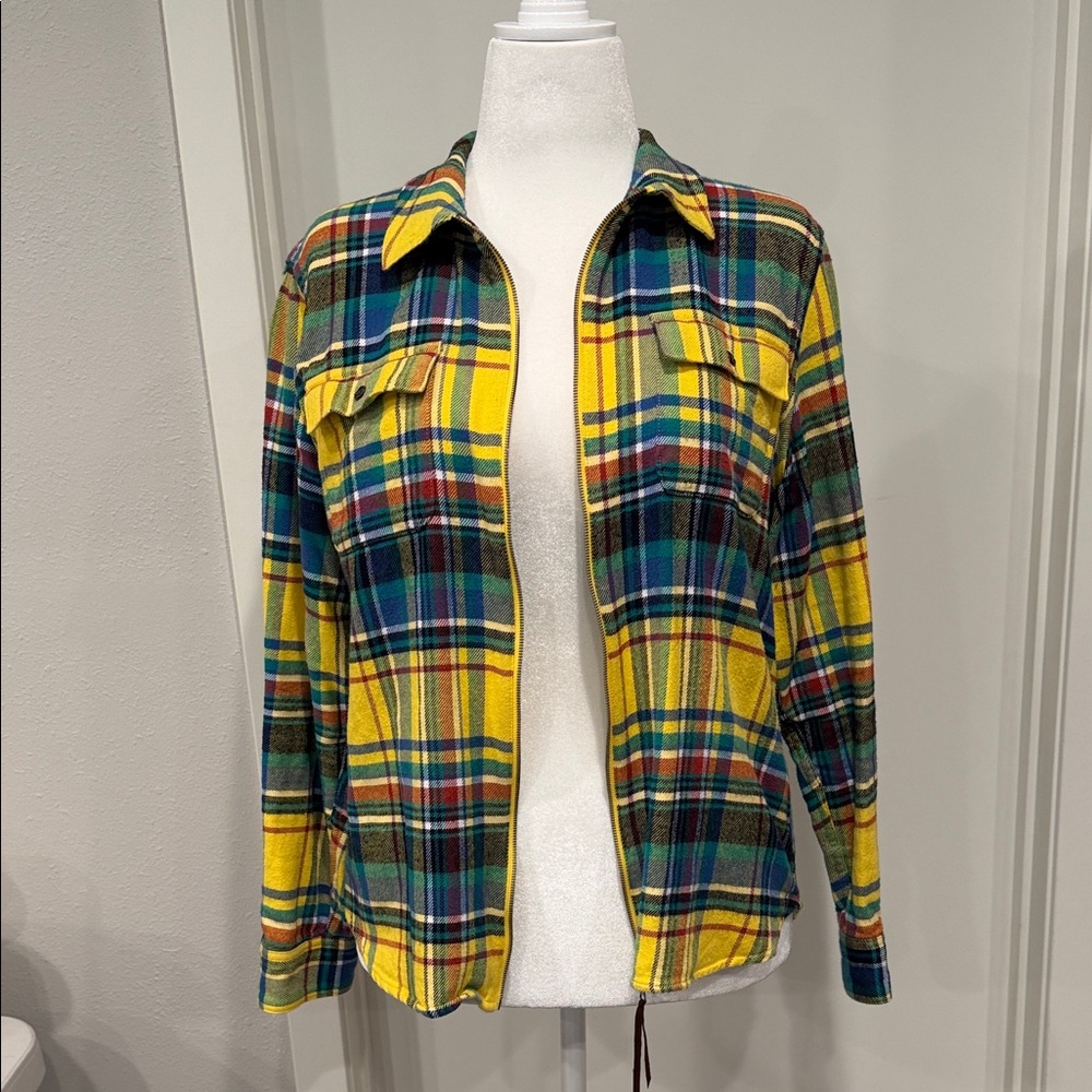 Chaps Plaid Flannel Shacket L Zip Up Cotton Jacket Yellow Green Blue EUC - Picture 4 of 9